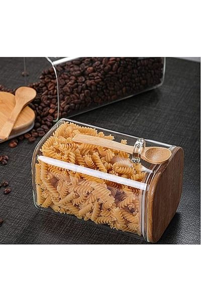 Winds Trading Set of 3 Square Glass Jars (600ML) with Bamboo Lid & Spoon – Airtight Storage for Sugar