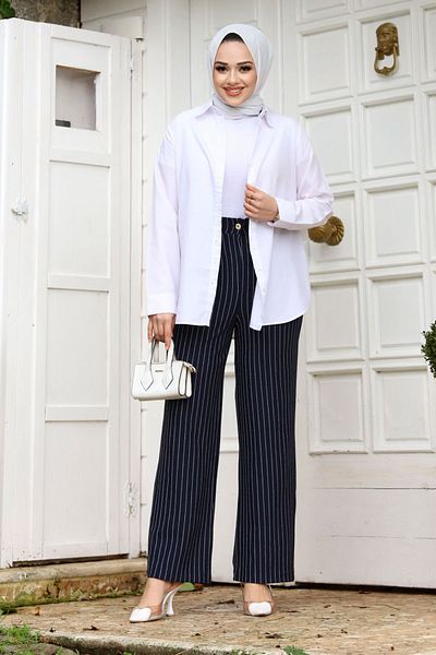 Tesettür Dünyası Pantaloni Palazzo cu dungi TSD240117 Bleumarin