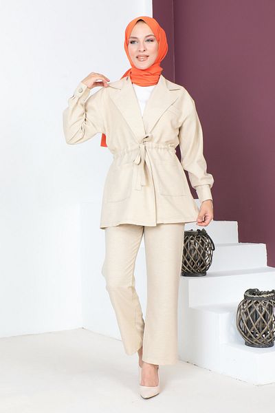 Tesettür Dünyası Doppelter Anzug mit Bindegürtel TSD230708 Beige