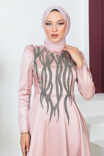 Tesettür Dünyası Abendkleid mit Paillettendetail auf der Vorderseite TSD230634 Puder
