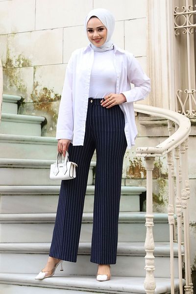 Tesettür Dünyası Pantaloni cu dungi late TSD240115 Bleumarin