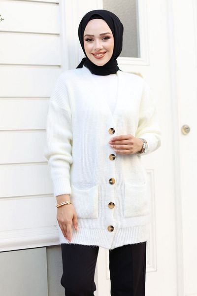 Tesettür Dünyası Ecrufarbener Strick-Cardigan – TSD mit Knöpfen und Taschendetail 240802