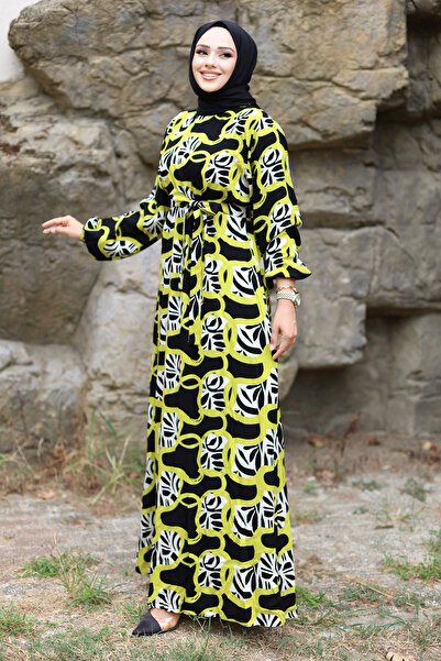 Tesettür Dünyası Blok Desenli Beli Kuşaklı Viskon Uzun Tesettür Elbise TSD240922 Yağ Yeşili