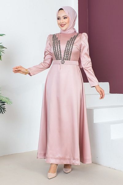 Tesettür Dünyası Gürteldetailliertes Abendkleid TSD230636 Puder