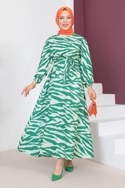 Tesettür Dünyası Kleid mit Zebramuster TSD230624 Grün