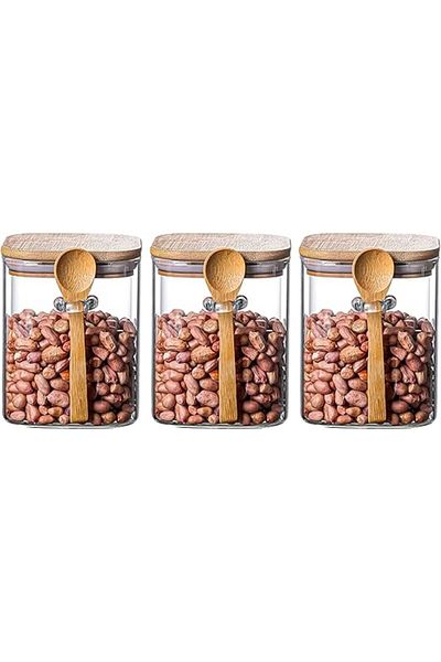 Winds Trading Set of 3 Square Glass Jars (600ML) with Bamboo Lid & Spoon – Airtight Storage for Sugar