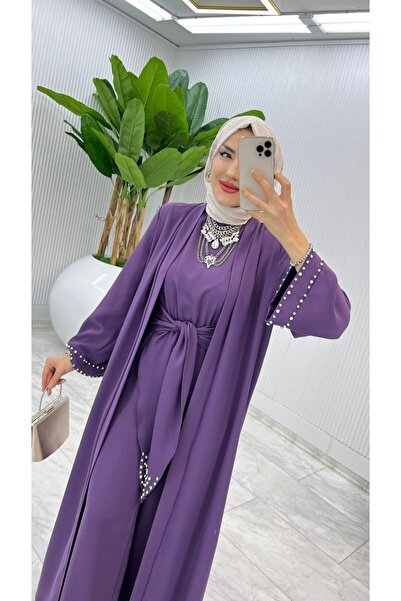 FIRSTESLEM Premium Çift Taraflı Dubai Krep Kumaş İnci ve Taşlı Tulumlu Abaya Takım