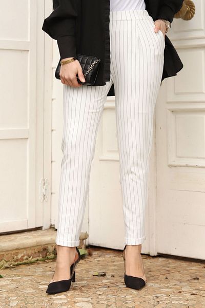 Tesettür Dünyası Double Leg Striped Carrot Trousers TSD240114 White