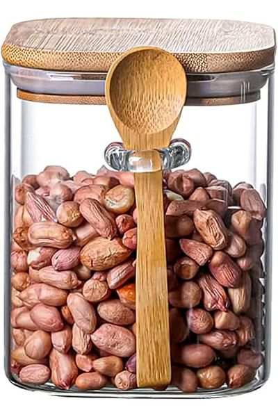 Winds Trading 600ML Square Glass Jar with Bamboo Lid & Spoon – Airtight Storage for Sugar, Coffee