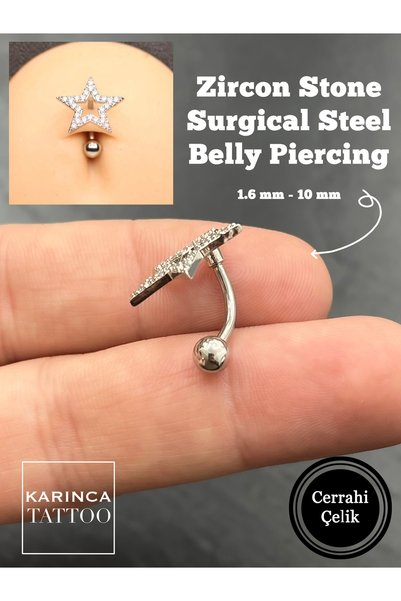Karınca Piercing Yıldız Zirkon Taşlı Cerrahi Çelik Göbek Piercing Reverse Belly Piercing