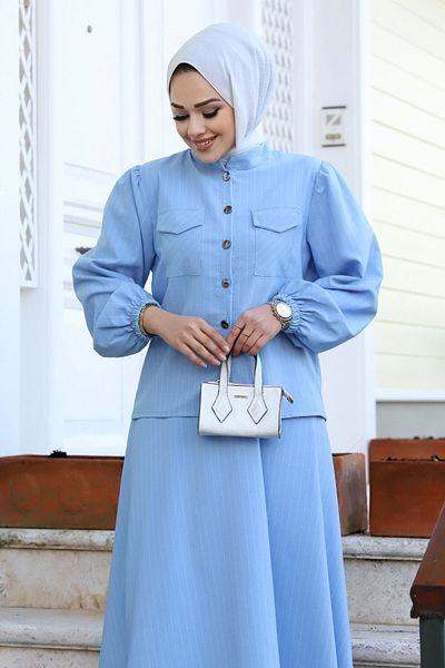 Tesettür Dünyası Hira pruhovaná sukně TSD231203 Baby Blue