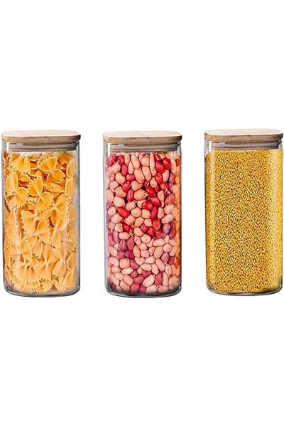 AKDC Set of 3 Square Glass Jars (1600ML) with Airtight Bamboo Lids for Kitchen Storage – Large Size