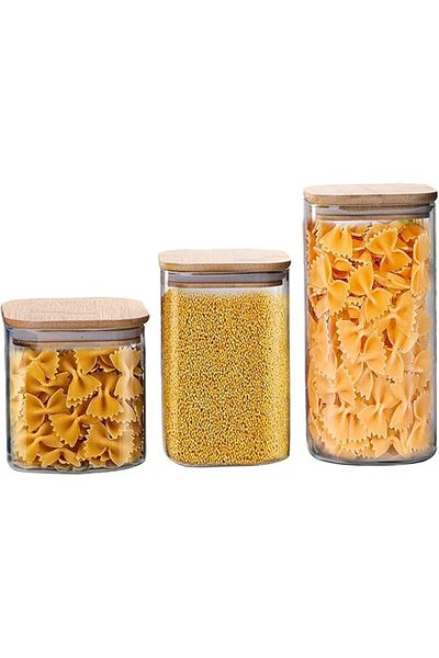 AKDC 3 Square Glass Jars (800ML + 1200ML + 1600ML) with Airtight Bamboo Lids for Kitchen Storage