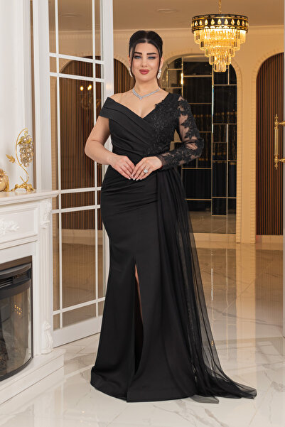 Matik Abiyem İthal Atlas Tasarım Tül Güpür Dantel Aksesuarlı Yırtmaçlı Uzun Elbise Abiye