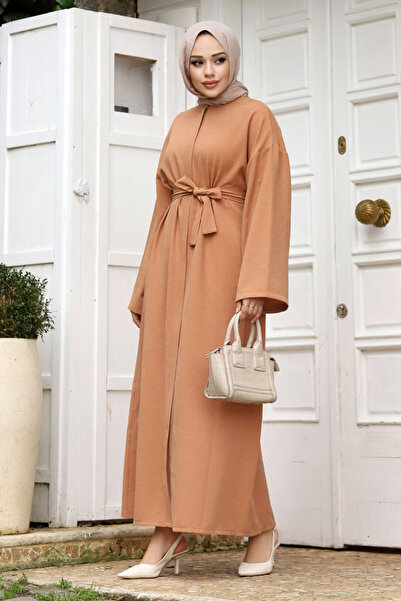 Tesettür Dünyası Pasek w talii z rękawami nietoperzowymi Ferace TSD240204 Tan