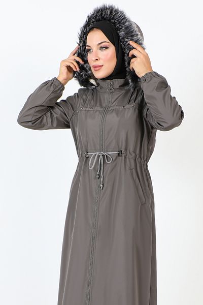 Tesettür Dünyası Full Length Coat with Snap Front TSD231012 Gray