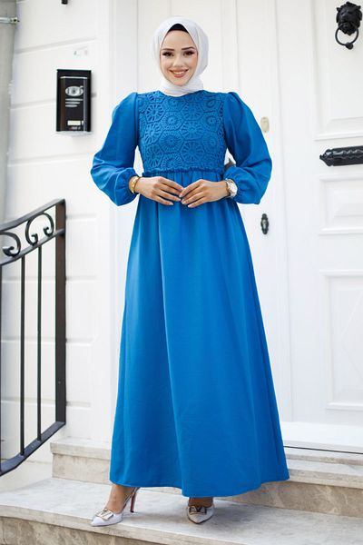 Tesettür Dünyası Blaues Hijab-Kleid – Spitzendetail vorne, TSD 240519