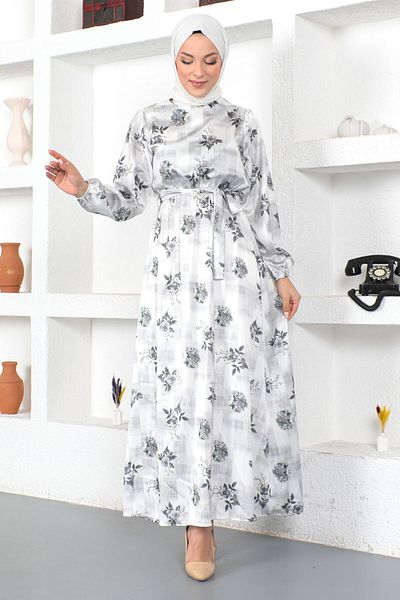 Tesettür Dünyası Rose Patterned Dress Tsd230425 Gray