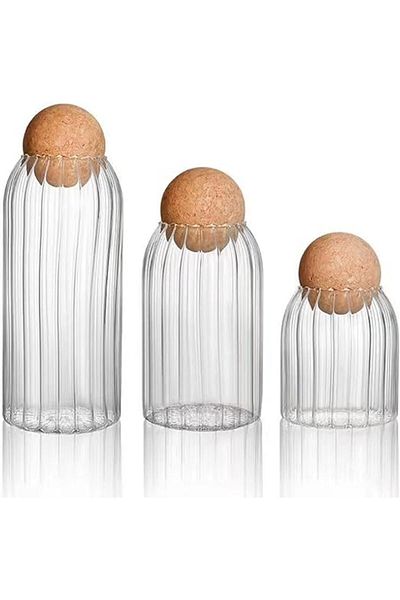 AKDC Glass Jars with Round Cork Lids, Set of 3 Airtight Canisters for Coffee, Nuts & Storage