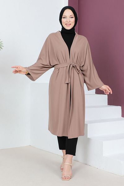 Tesettür Dünyası Kimono mit Taillengürtel TSD230617 Nerz