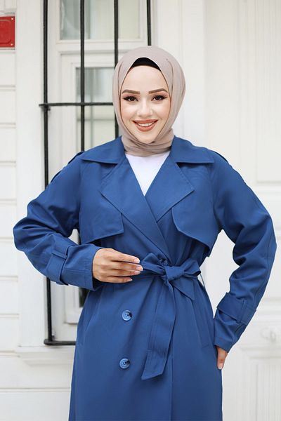 Tesettür Dünyası معطف واق من المطر أزرق - تفاصيل سلسلة TSD على الظهر 240902