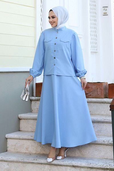 Tesettür Dünyası Hira pruhovaná sukně TSD231203 Baby Blue
