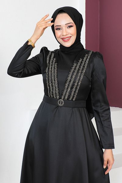 Tesettür Dünyası Abendkleid mit Gürteldetail TSD230636 Schwarz