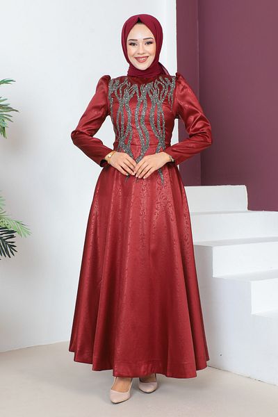 Tesettür Dünyası Abendkleid mit Paillettendetail auf der Vorderseite TSD230634 Weinrot