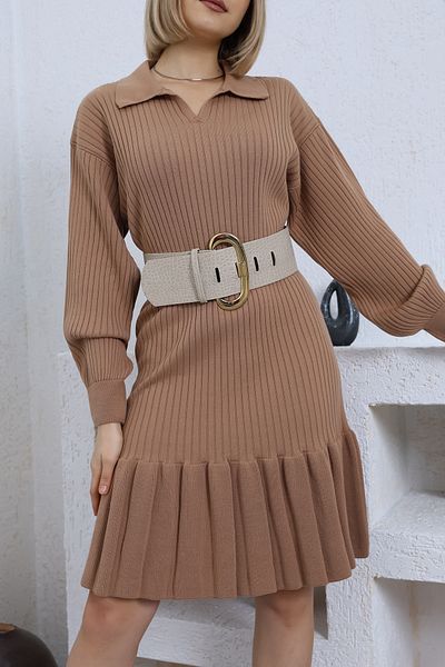 VEGENZE Πλεκτό φόρεμα με βολάν με λαιμόκοψη Camel Polo