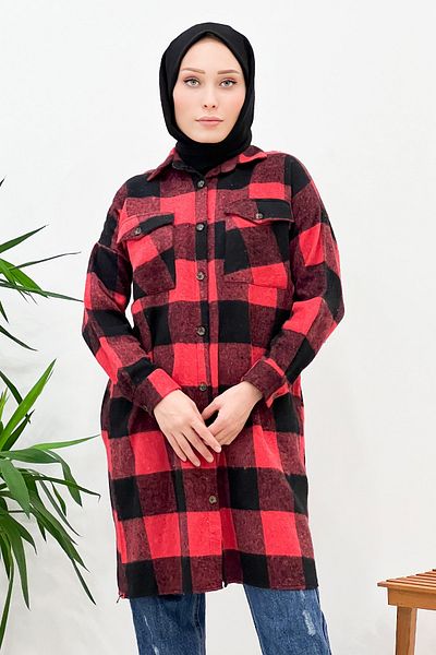 Tesettür Dünyası Kariertes Holzfällerhemd Tsd221004 Rot