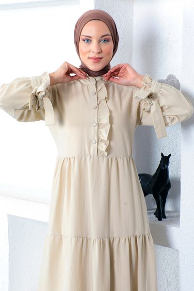 Tesettür Dünyası Hijab-Kleid mit gebundenen Ärmeln Tsd221207 Beige
