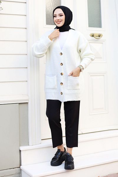 Tesettür Dünyası Ecrufarbener Strick-Cardigan – TSD mit Knöpfen und Taschendetail 240802