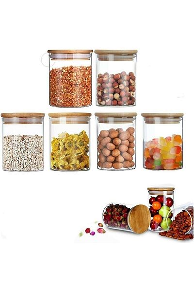 Qerhome Vacuum Borosilicate Glass Jar with Bamboo Lid 6 Pieces 100 ml
