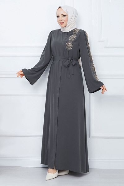 Tesettür Dünyası Rukojeť Bead Embroidered Belted Hijab Ferace TSD240203 Antracit