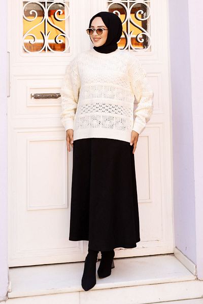 Tesettür Dünyası Ecru Openwork Patterned Knitwear Tunic - TSD 240718
