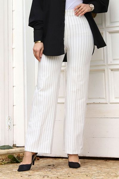 Tesettür Dünyası Wide Leg Striped Trousers TSD240115 White