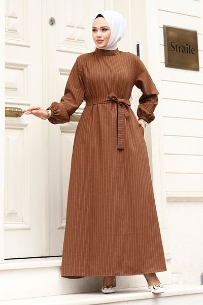 Tesettür Dünyası Braunes Hijab-Kleid – Schiedsrichterkragen und Taillengürtel Tsd 240313