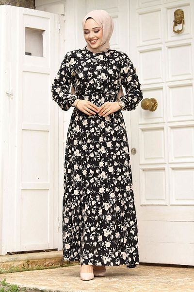 Tesettür Dünyası Schwarzes Kleid mit Volant und Blumenmuster - TSD240251