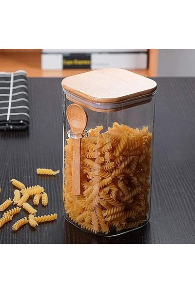 AKDC 1000ML Rectangular Glass Storage Jar with Wooden Lid & Spoon – Airtight Borosilicate Canister