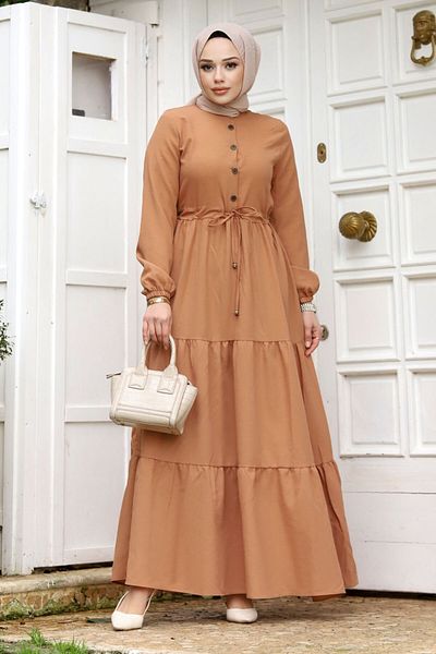 Tesettür Dünyası Μπροστινό φόρεμα Hijab με μισό κουμπί TSD240229 Μαύρισμα
