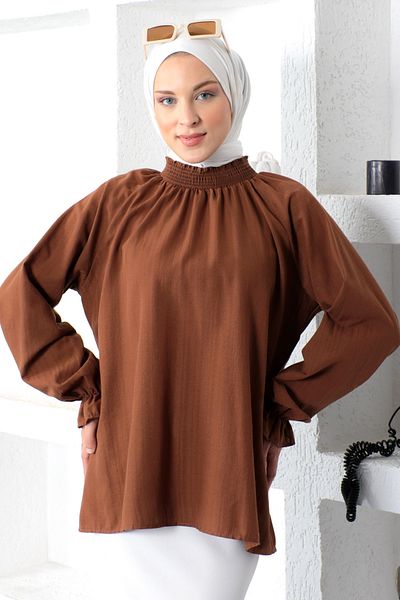 Tesettür Dünyası Bluse mit elastischem Ausschnitt Tsd221205 Braun