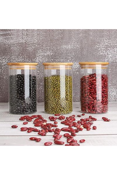 AKDC Set of 3 Round Glass Jars (1000ML) with Airtight Bamboo Lids for Kitchen Storage – Small Size