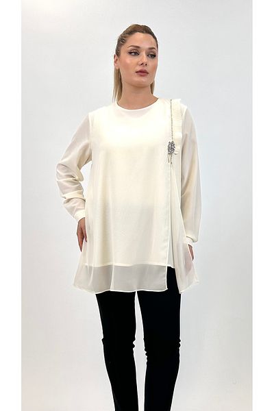 Ayda Triko Zero Collar Crepe and Chiffon Pleat - Stone Embellished Plus Size Blouse