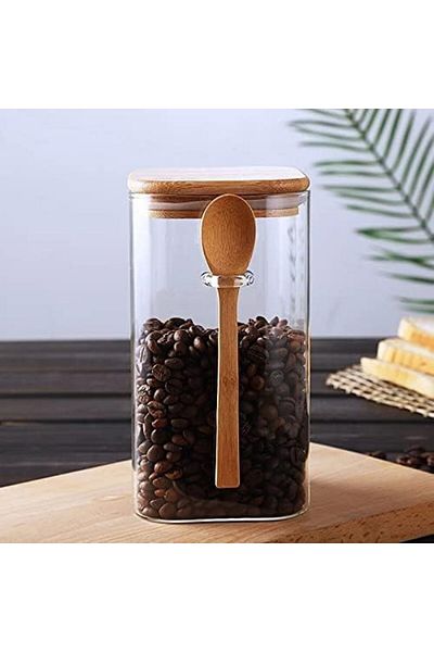 AKDC 800ml Square Glass Jar with Wooden Lid & Spoon – Airtight Borosilicate Canister [1 Piece]