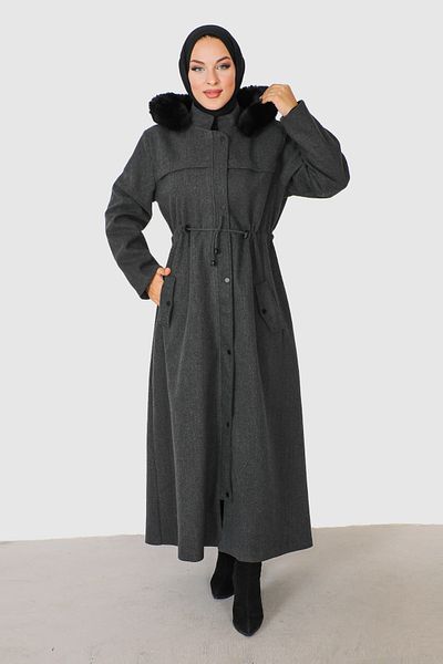 Tesettür Dünyası Full Length Hidden Zipper Stamp Coat TSD230911 Anthracite