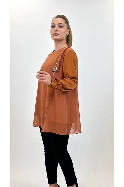 Ayda Triko Zero Collar Crepe and Chiffon Pleat - Stone Embellished Plus Size Blouse