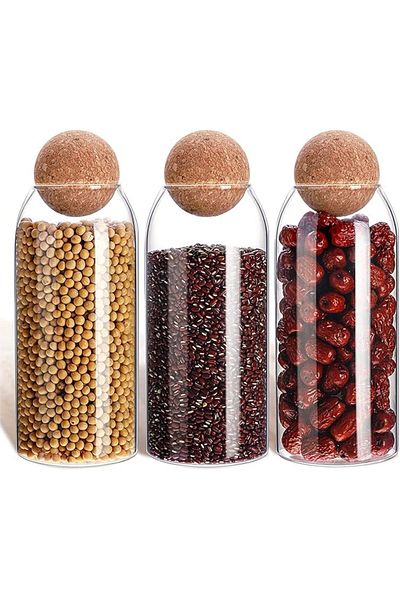 AKDC Set of 3 Glass Food Storage Canisters (1000ML) with Airtight Cork Lids – Clear Pantry Jars