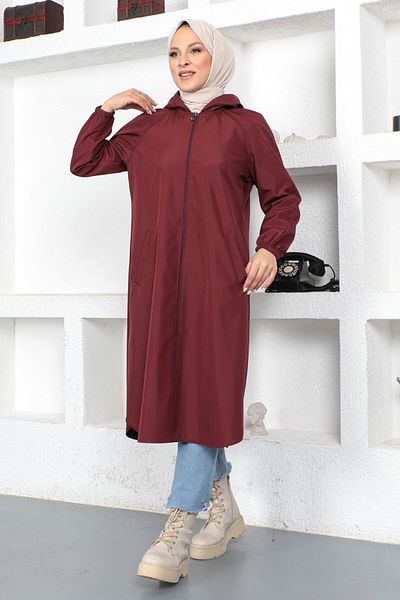 Tesettür Dünyası Trenchcoat mit Reißverschluss Tsd230403 Weinrot