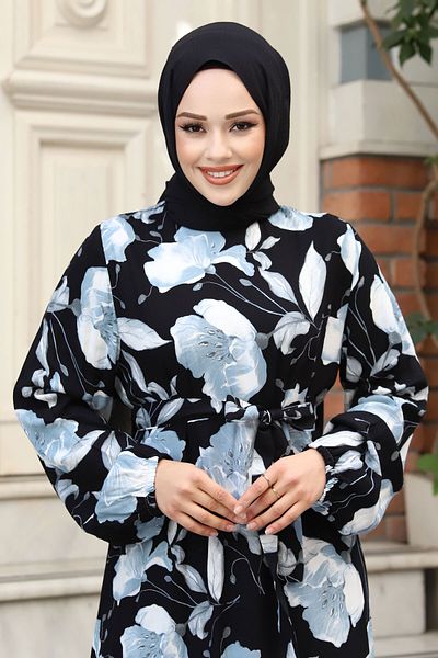 Tesettür Dünyası Hijab-Kleid mit großem Blumenmuster und Gürtel TSD240323