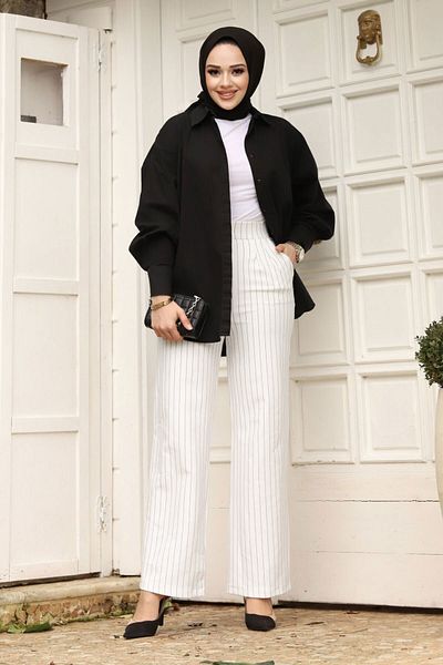 Tesettür Dünyası Striped Palazzo Trousers TSD240117 White